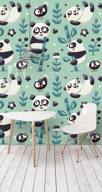 Picture of Seamless cute pattern with Panda and bamboo plants jungle bird berry flowers